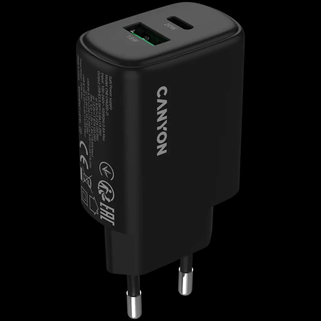 CANYON Ładowarka sieciowa OnCharge 200 20W 1xPD 1xQC EU Czarna