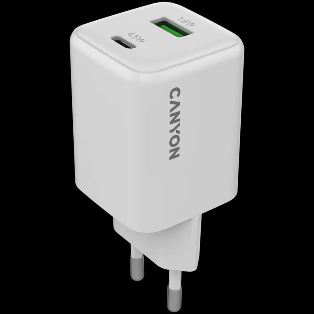 CANYON Ładowarka sieciowa CU45AC GaN 45W 1xPD 1xQC EU Biała