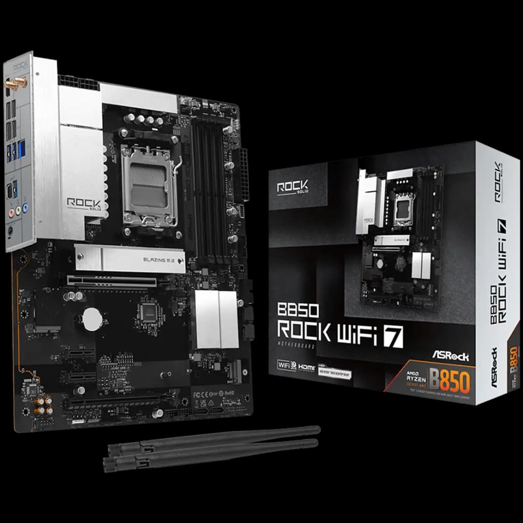 ASROCK MB Desktop B850 Rock WiFi 7, AM5, 4x DDR5, 1x PCIe 5.0 x16, 1x PCIe 4.0 x16, 1x Blazing M.2, 1x Hyper M.2, 4x SATA3, RAID 0, 1, 10, 7.1 CH HD Audio, 1x HDMI, 8x USB 3.2, 8x USB 2.0, 2x USB-C, 2.5G LAN, 2x Wi-Fi 7, BT, 1x HDMI, 1x SPDIF, ATX