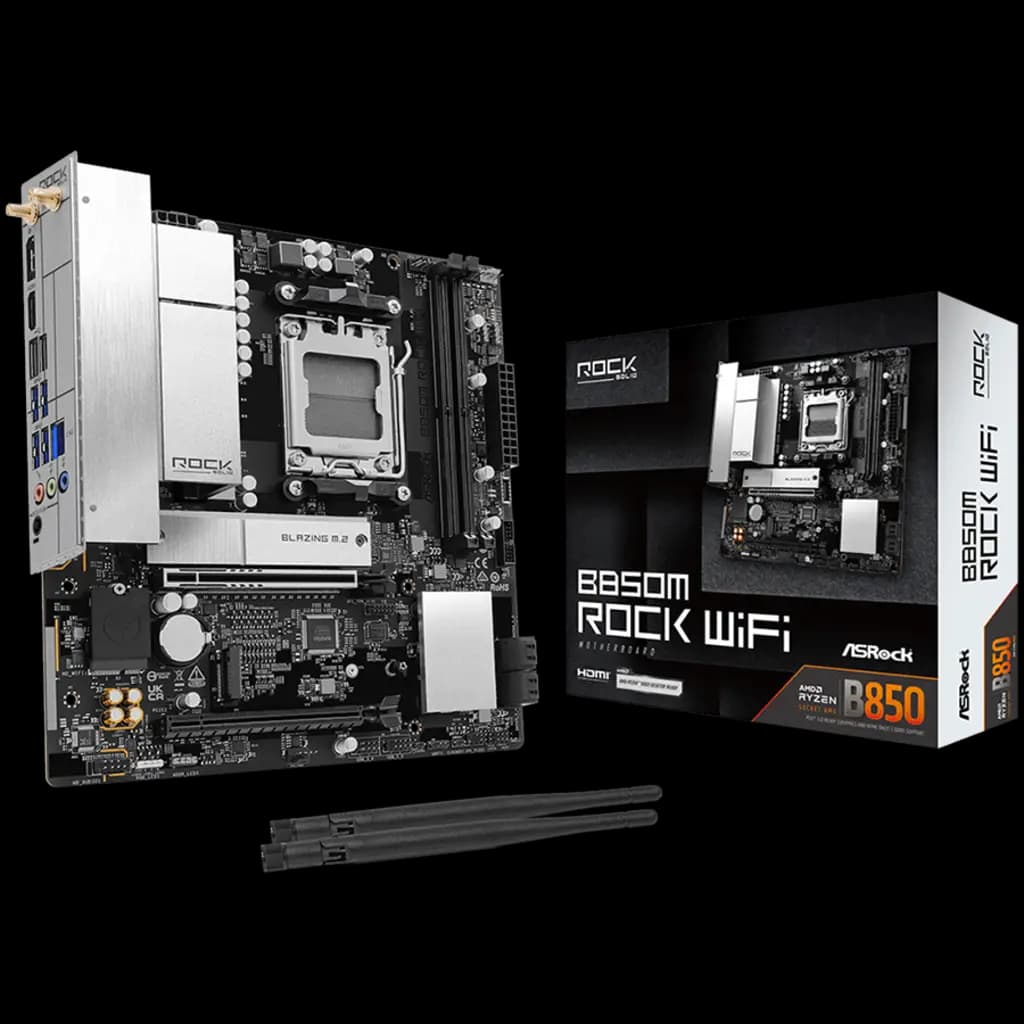 ASROCK MB B850M Rock WiFi 7, AM5, 2x DDR5, 1x PCIe 5.0 x16, 1x PCIe 3.0x16, 1x Blazing M.2, 1x Hyper M.2, 4x SATA3, RAID 0, 1, 10, 7.1 CH HD Audio, 1x HDMI, 6x USB 3.2, 5x USB 2.0, 1x USB-C, 2.5G LAN, 2x Wi-Fi 6E, BT, 1x HDMI, 1x DP, mATX
