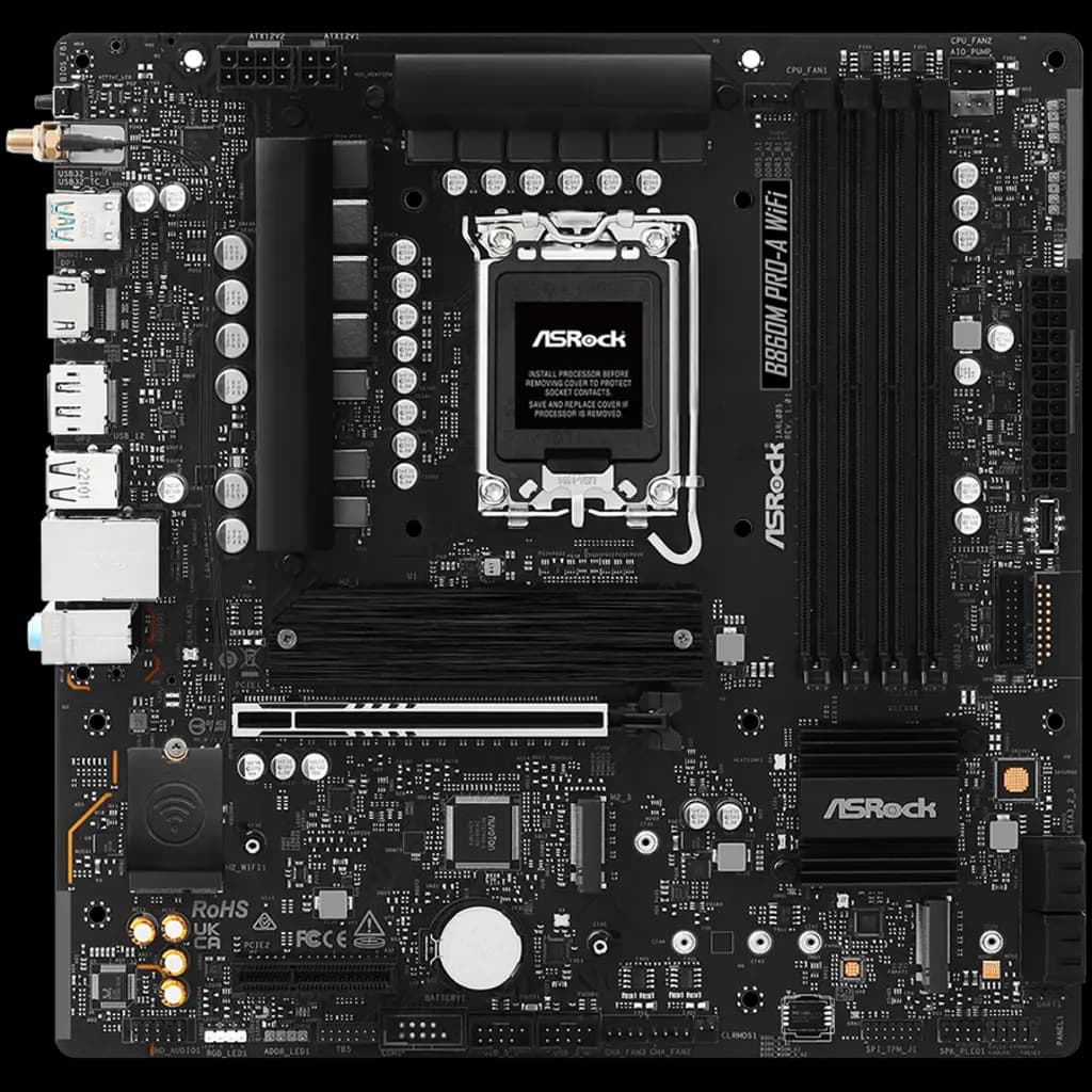 ASROCK MB Desktop B860M Pro-A Wi-Fi, S.1851, 4x DDR5, 1x PCIe 5.0 x16, 1x PCIe 4.0 x4, 1x Blazing M.2, 2x Hyper M.2, 4x SATA3, 2x USB-C, 5x USB 3.2, 6x USB 2.0, 1x RJ-45 2.5GB Lan, 802.11axe Wi-Fi 6E, BT 5.3 1x HDMI, 1x DP 1.4, mATX