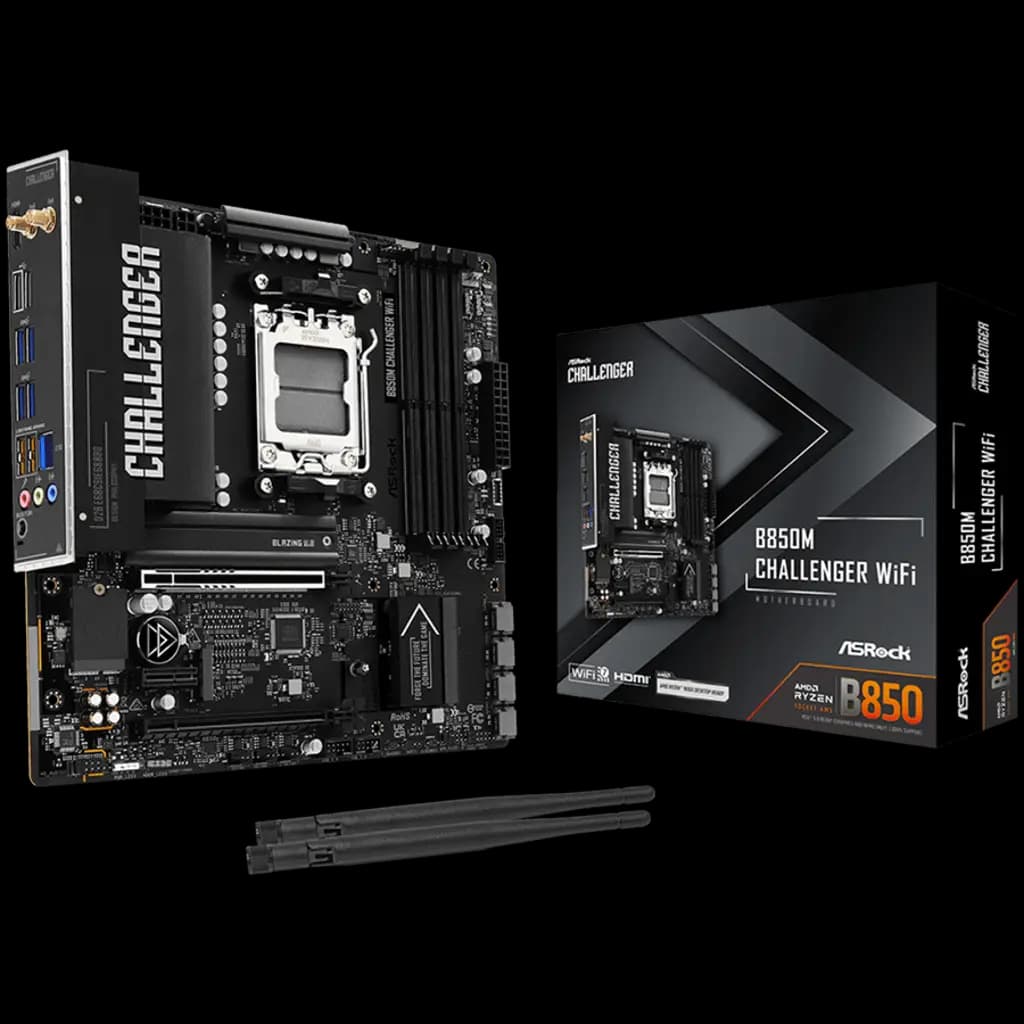 ASROCK MB B850M Challenger WiFi, AM5, 4x DDR5, 1x PCIe 5.0 x16, 1x PCIe 4.0x1, 1x PCIe 4.0x16, 1x Blazing M.2, 1x Hyper M.2, 4x SATA3, RAID 0, 1, 10, 7.1 CH HD Audio, 1x HDMI, 9x USB 3.2, 5x USB 2.0, 1x USB-C, 2.5G LAN, 2x Wi-Fi 7, BT, 1x HDMI, mATX