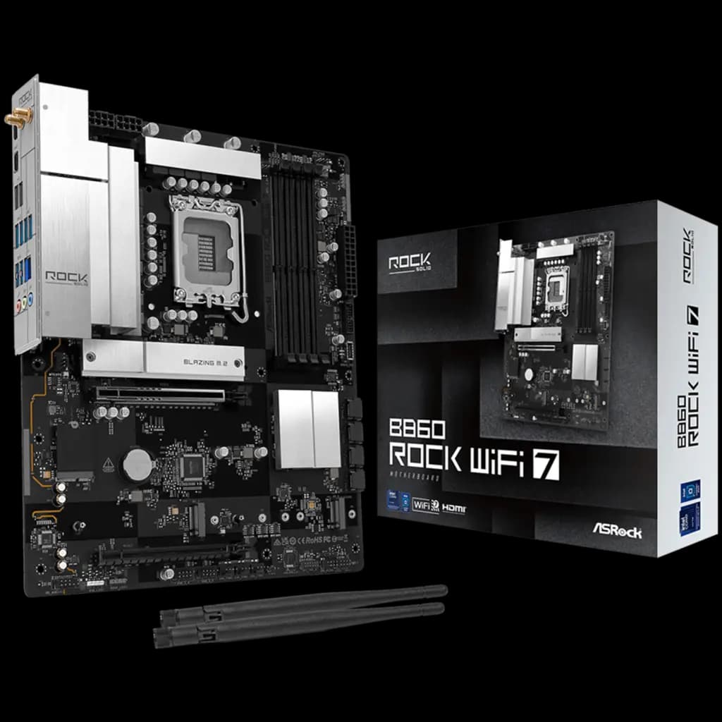 ASROCK MB Desktop B860 Rock Wi-fi 7, S.1851, 4x DDR5, 1x PCIe 5.0 x16, 1x PCIe 4.0 x4, 1x Blazing M.2, 2x Hyper M.2, 4x SATA3, 2x USB-C, 7x USB 3.2, 6x USB 2.0, 1x RJ-45 2.5GB Lan, 802.11be Wi-Fi 7 + Bluetooth 5.4, ATX